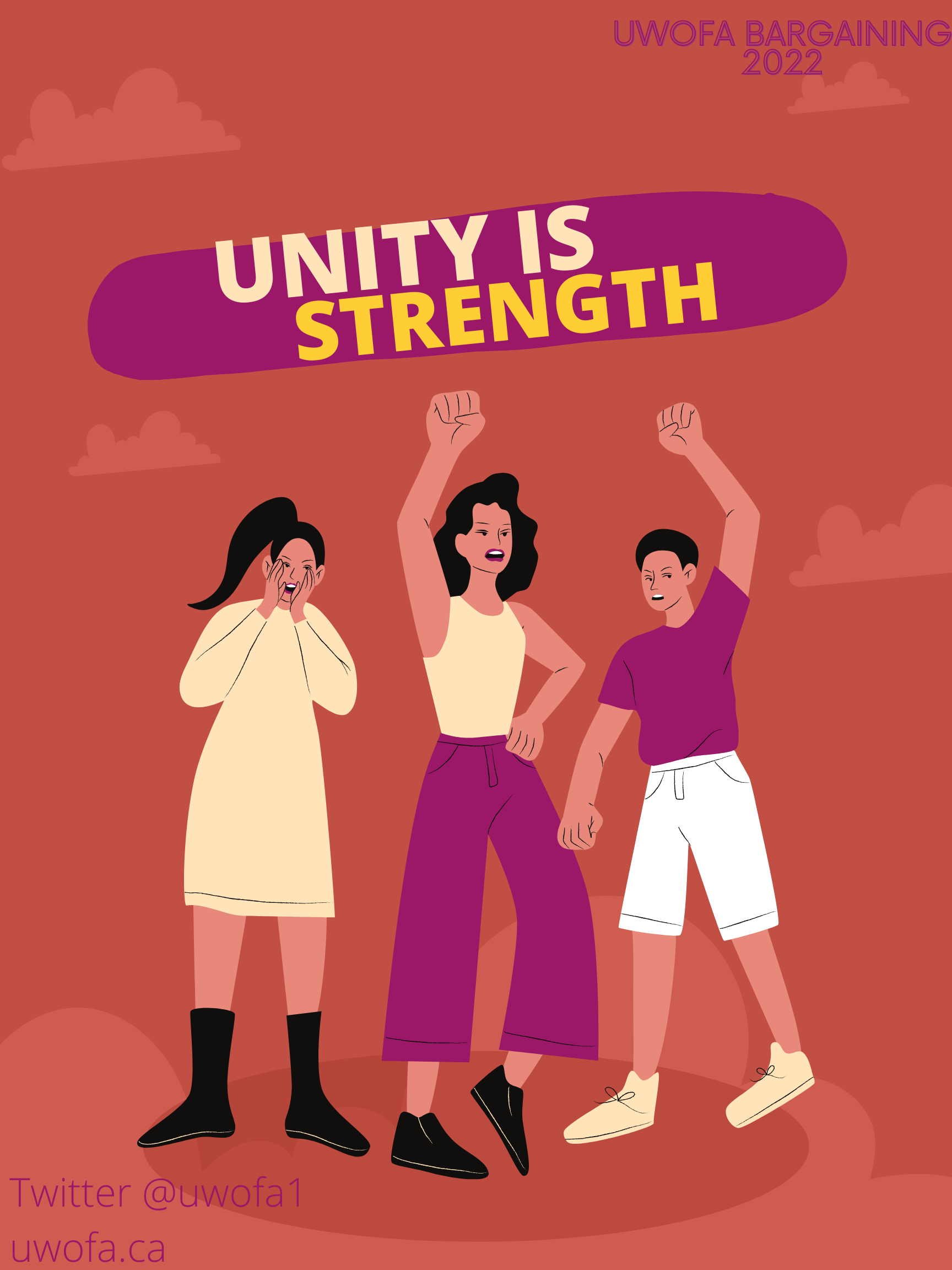 UWOFA bargaining 2022, image shows 3 characters with their hands raised, shouting, Bold text says Unity is Strength, twitter @uwofa1, website uwofa.ca