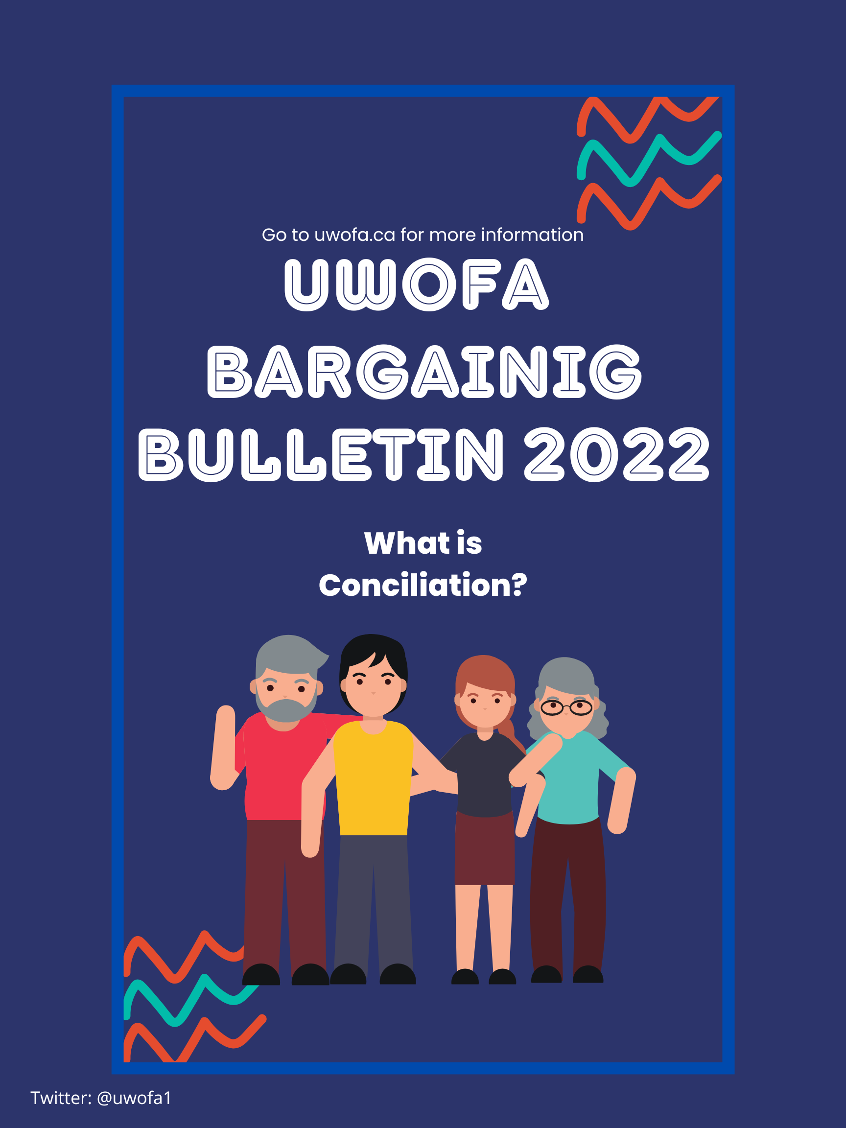 Text: Go to uwofa.ca for more information, UWOFA Bargaining Bulletin 2022, What is Conciliation? Twitter: @uwofa1, IMAGE: 4 animated people joining hands