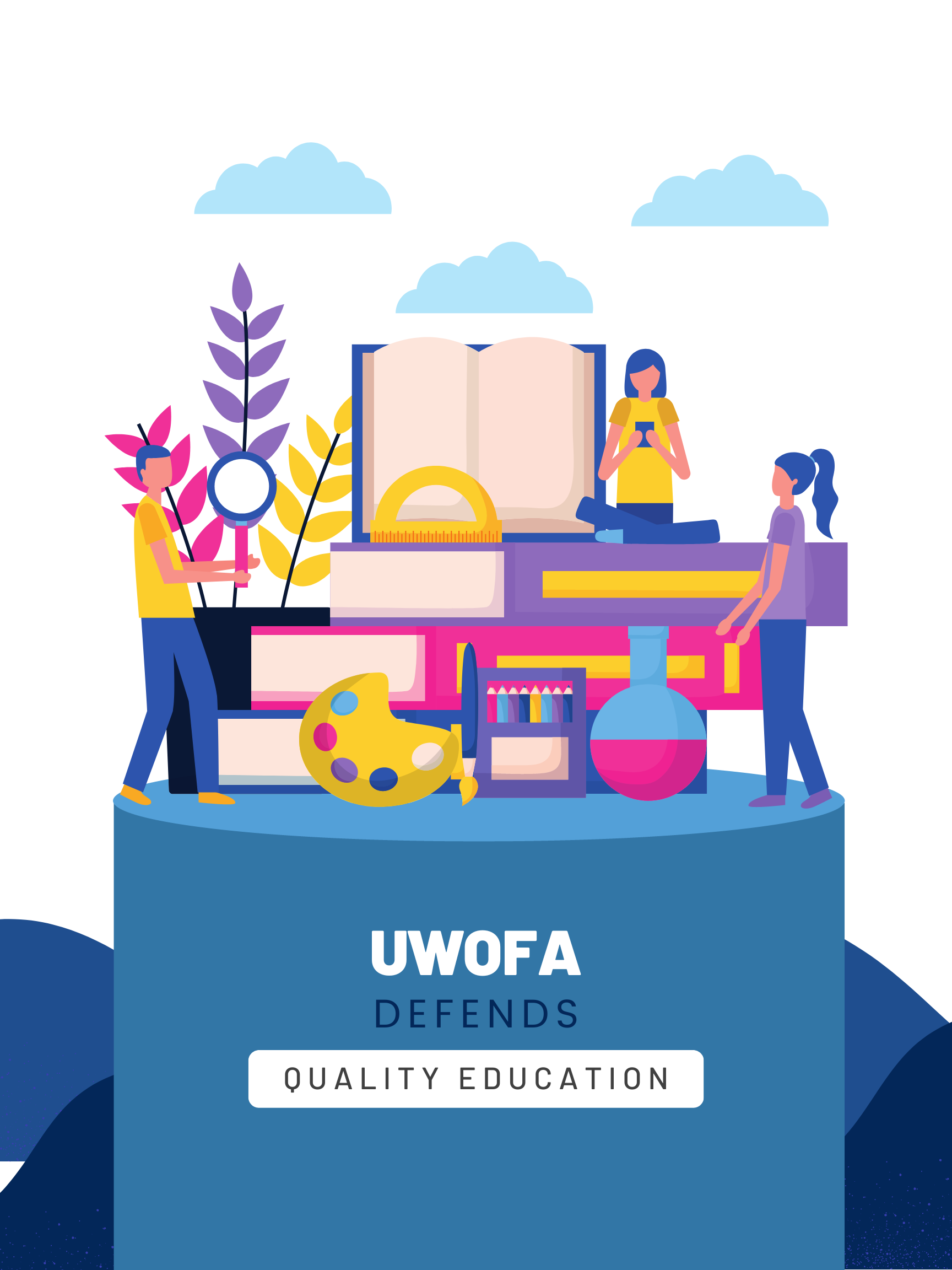 TEXT: UWOFA defends quality education, IMAGE: books, people