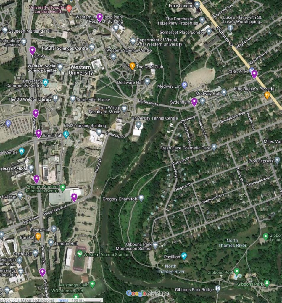 Picket Locations UWOFA 2022 Image shows a map of picket line locations on campus